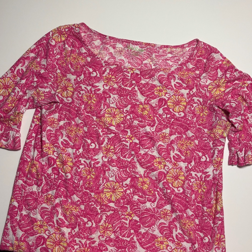Lilly Pulitzer Sommerset Dress Womans Large Lober Chum Bucket Pink Ruffle Sleeve